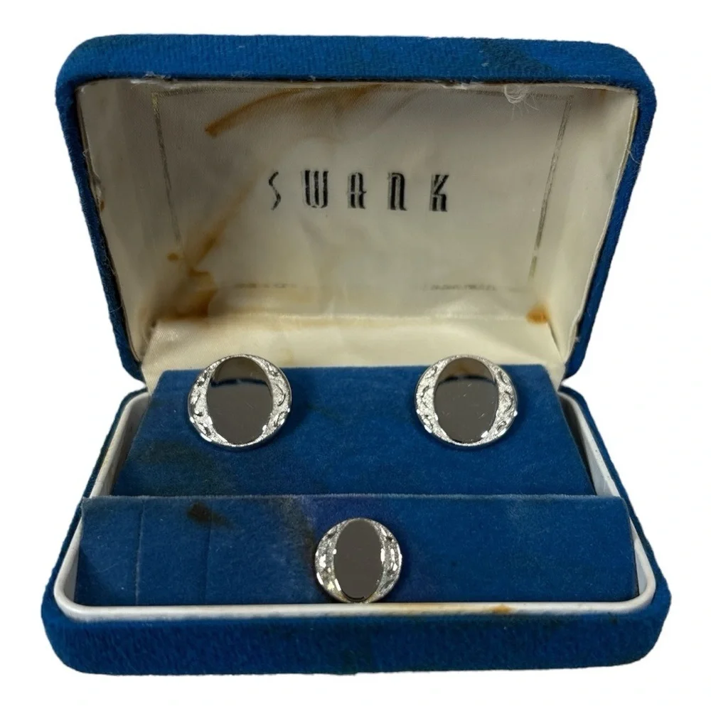 Vintage Swank Silver-Tone Cufflinks and Tie Clip Set Classic Men’s Accessories